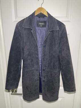 Nordstrom Bernardo Women M Blue Washable Suede Leather Coat Long Jacket Vintage